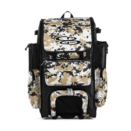 Boombah Rolling Superpack Baseball/Softball Gear Bag - 23-1/2" x 13-1/2" x 9-1/2" - Digital Camo Black/Vegas Gold - Telescopic Handle - Holds 4 Bats - Wheeled Version