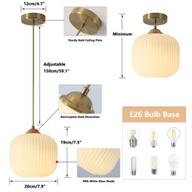 KCO Lighting Mid Century Modern Gold White Pendant Light Antique Brass Milk Glass Pendant Lighting 1-Light Single Globe Pendant Lights Kitchen Island for Dining Room Living Room (2-Pack)