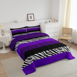 Purple Leopard Print Kids Comforter Set Twin Size,Zebra Abstract Animals Skin Bedding Set,Girls Boys Adults Room Decor,Geometric Stripes Down Comforter,Luxury Romantic Duvet Insert,1 Pillowcase