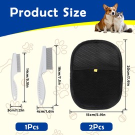 YSBCNK 2Pcs Pet Hair Removal Glove, Electrostatic Pet Hair Remover Glove with 2 Flea Combs, Dog Washing Gloves for Grooming, Bathing, Furniture and Car Cleaning, Includes Small and Large Size Combs