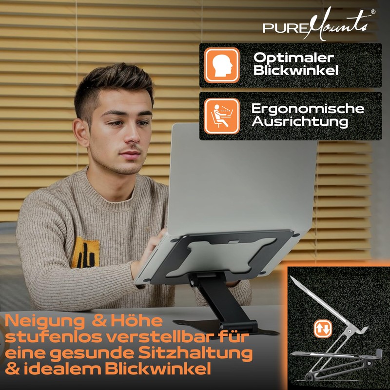 PureMounts Laptop Stand, Height-Adjustable, Foldable & Ergonomic Notebook Holder for