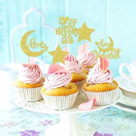 Keaziu - Paquete de 24 adornos para cupcakes con texto en inglés "Happy Valentines Day I Love You to the Moon and Back para decoración de tartas, suministros de fiesta de San Valentín, luna dorada
