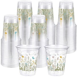 Hushee 60 Pcs Flower Spring Summer Disposable Cups 16 oz Floral Wildflowers Plastic Drinking Cups for Summer Spring Birthday Baby Shower Party Supplies (Wildflower)