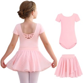 Mecceos Toddler Ballet Leotards Dance Skirt for Girls Double Cross Hollow Back Outfits Gymnastics Kids Dance Dresses, Ballet Pink（short Sleeve）, 6-8 Years