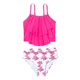 SweatyRocks - Traje de baño de dos piezas para niña con estampado gráfico y volantes, Rosado oscuro, 9 Años