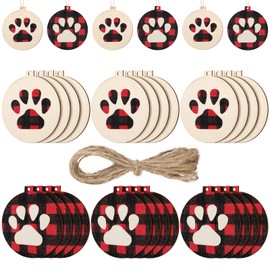 30 Pcs Christmas Dog Paw Wooden Ornaments Buffalo Plaid Paw Print Xmas Tree Hanging Tag Cat Claw Christmas Hanging Ornaments with Ropes for Christmas Holiday Tree Decor (Red Black Plaid)