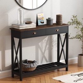 ChooChoo Farmhouse Console Table with Drawer for Entryway, Narrow Long Entry Table with Shelf for Living Room, Rustic Vintage Hallway Sofa Table with Stable X Supports, 40 Black