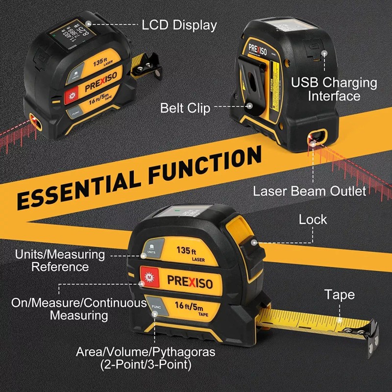 PREXISO 2-in-1 Laser Tape Measure, 135Ft Rechargeable Laser Measurement Tool