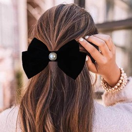 Cybche Vintage Black Velvet Bow Hair Barrettes Black Satin Bow Pearl Hair Clips Velvet Satin Bow Hairclips French Ribbon Bowknot Hair Clips Large Bow Hair Accessories for Women Headdress