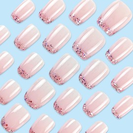 Foccna French Press on Nails Short Square Fake Nails with Pink Glossy Full Cover Stick on Nails Bling Sequins Acylic Nails for Women and Girls 30Pcs