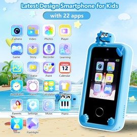 Blue Dinosaur Kids Phone, 2.8" IPS Touchscreen Kids Smart Phone, Fake Phone Dual Cameras with 8GB SD Card, Smart Phone for Girls Boys Ages 3-12, Toddler Play Phone with Music Player/Games/Video