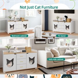 YITAHOME Double Cat Litter Box Enclosure for 2 Cats, 55 inch Large Two Cat Litter Box Furniture with Drawers for Storage, Wooden Dual Litter Box TV Stand White, 55" L x 19.7" W x 31.5" H