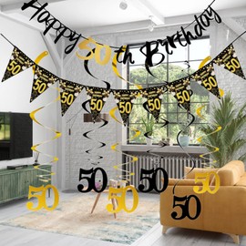 Melhope 50th Birthday Party Decorations Black and Gold Happy Birthday Bunting Banner Triangle Flags with 6pcs Hanging Swirls Streamers for Men Party Decor Supplies