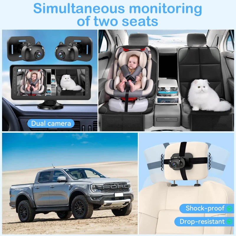 Dual Baby Car Camera 2 Kids 7.0'' Split Screen Ultrawide