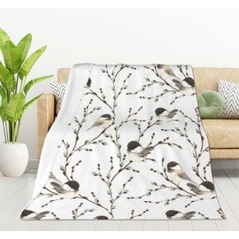 HGOD DESIGNS Bird Throw Blanket Flannel Fleece Blanket Willow Branches and Birds Black-capped Chickadee Lightweight Throw for Bed Sofa Travel Teens Birthday 130x150cm