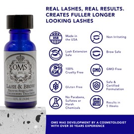 OMS Natural Eyelash Growth Serum - Premium Eyelash Enhancing Formula with Castor Oil - Dermatologist Approved - Thicker, Longer Lashes and Eyebrows in 5 Weeks, 8-12 Month Supply - Made in USA (15ml)