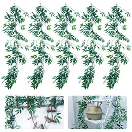5 Pack (28ft) Artificial Willow Leaves Vines Twigs- Fake Silk Hanging Willow Plant Greenery Garland String for Indoor Wedding Party Crowns Wreath Decor, Outdoor Wall Garden Decoration
