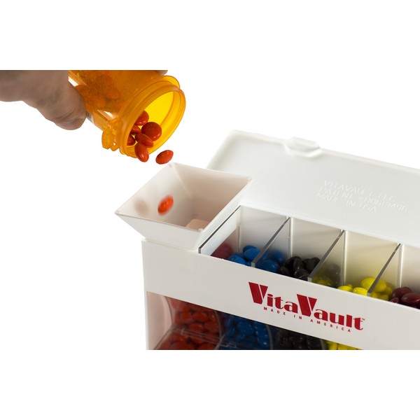VitaVault - Pastillero con 6 compartimentos para medicamentos, vitaminas y suplementos con embudo de relleno