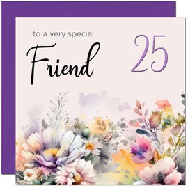 25th Friend Birthday Card - Purple Floral Womens Friendship Birthday Card for 25 Year old twenty five, twenty fifth