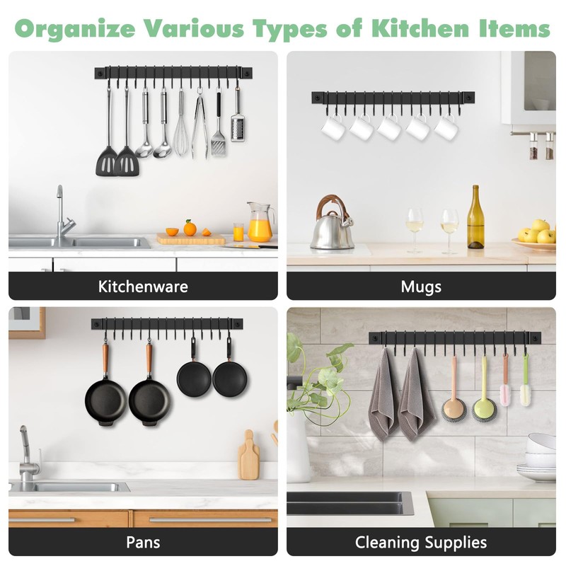 Housolution 2 Pack Kitchen Rail with 15 Hooks, 16 Inch