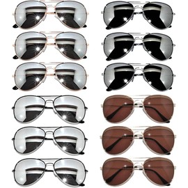 12 Pairs Aviator Style Sunglasses Metal Gold, Silver, Black Frame Colored Mirror Lens OWL ®. (Aviator-12p-Mix-Silver-Brown, Colored)