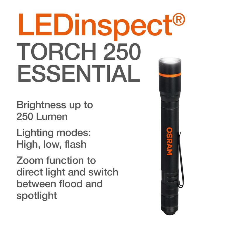 OSRAM LEDinspect Torch 250 Essential, Zoom Function, 250lm Brightness, 6500K,