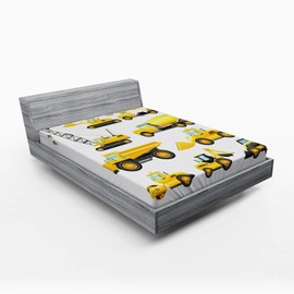 Ambesonne Nursery Fitted Sheet, Abstract Images of Construction Vehicles Machinery Trucks Bulldozer Crane, Soft Decorative Fabric Bedding All-Round Elastic Pocket, Queen Size, Yellow Black