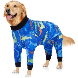 Pawcomon Dog Onesie After Surgery Recovery Suit Shed Defender Dog Suit for Small Miedium Large Female Male Neuter Dogs Shark Letter L