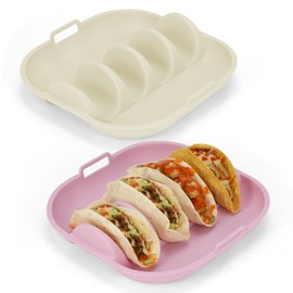 Silicone Taco Holder 2 Pack,Upgrade Reusable Taco Plates with Dividers,Fiesta Tacos Holder Tray.Taco Serving Plates, Dishwasher & Microwave Safe(2, WHITE+PINK)