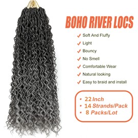 Aipin Long New Goddess Locs Crochet Hair 22 Inch River Locs Boho Hippie Locs Wavy Crochet With Curly Hair In Middle And Ends Braids Hair Extensions (8Packs,22 inch, Tgrey)