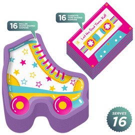 Roller Skate and Stars Shaped Paper Dessert Plates & Cassette Tape Napkins For 70's, 80's, & 90's Party Supplies (16 Plates & Napkins) - Roller Skate Theme Party & Decades Theme Party Tableware