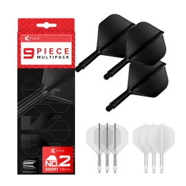 TARGET Darts K-Flex Integrated Dart Flights and Shafts, Short Stem (19mm), No.2 Flight, 9-pack Bundle, Black, White & Clear