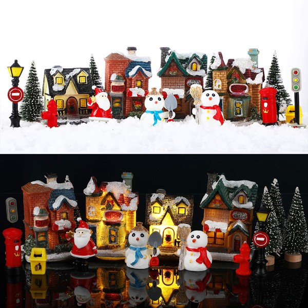 Skylety 16 Pieces Christmas Village Houses Set Decorations LED Lights Christmas Town Scene Desktop Ornaments Christmas Figurines Accessories Buildings Battery Operated Landscape Decor