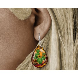 Twisted R Design Sunflower Cactus Western Print Tear Drop Earrings Wood Dangle Jewelry