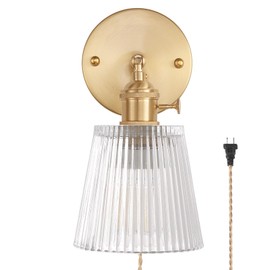 Shenmoyl Plug in Wall Sconce, Transparent Stripe Glass Lampshade Wall Light Plugin Corded for Bedside Bedroom Doorway (Without Bulb)