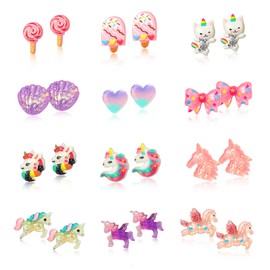 HIFOT Clip Earrings for Girls 12 Pairs Cute Unicorn Clip On Earrings Set Princess Earrings Jewellery Gift Party Accessories, No metal