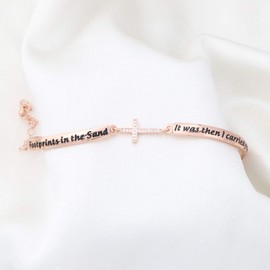 KUIYAI Footprints in The Sand Prayer Cross Bracelet Beautiful Poems Quote When You Saw Only One Set of Footprints It was Then That I Carried You Religious Jewelry Christian Gift (Rose Gold Bracelet)