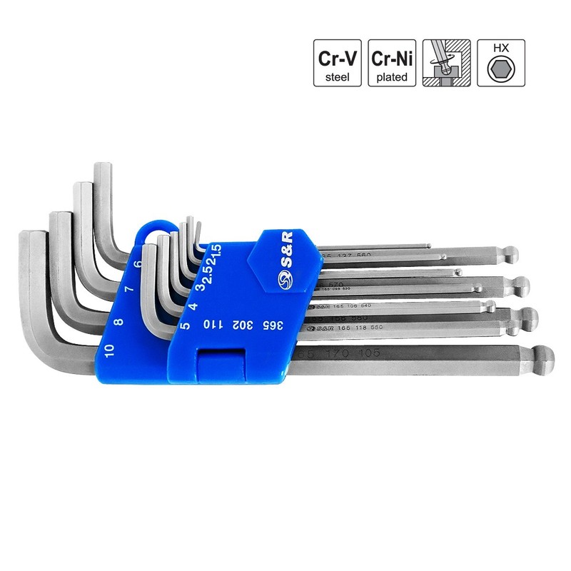 S&R Allen Keys Metric, Long, Folding Set, Ball Head, 10