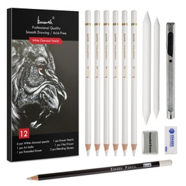 Brusarth White Charcoal Pencils Set - 12 Piece Sketch Highlight White Pencils Set for Drawing, Sketching, Shading, Blending, Artist Pencils for Artists, Professionals or Beginners