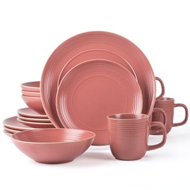 Arora RINGAR Round Stoneware 16pc Dinnerware Set of 4, Dinner Plates, Side Plates, Cereal Bowls, Mugs - Speckle Matte Red (395476)