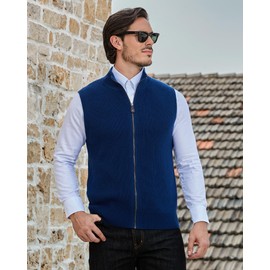 Kallspin Men’s Thick Wool Blend Sleeveless Cardigans Full Zip Up Knitted Sweater Vest Casual Outerwear(Navy Blue, L)