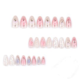 JUSTOTRY 24 Pcs Floral Almond False Nails Short,Press on Nails with 3D Sculpting Metallic Pattern,Glossy Fake Nails Medium for Nail Art,French Oval Pearls Stick on Nail for Women Gifts