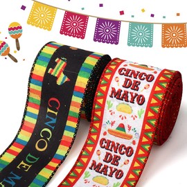 Threetols 2 Rolls 10 Yards Mexican Fiesta Wired Edge Ribbon, 2.5inch Cinco de Mayo Burlap Ribbon, Rainbow Stripe Serape Maracas Gift Wrapping Ribbon for Mexican Party DIY Craft Wreaths Bow Decoration