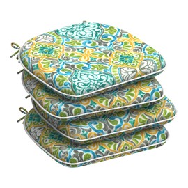 DYTXIII Set of 4 Outdoor Chair Cushions with Ties,Water Repellent Patio Chair Pads 17"x 16" for Outdoor Furniture,Round Corner Seat Cushions for Garden Yard Kitchen Damask Green