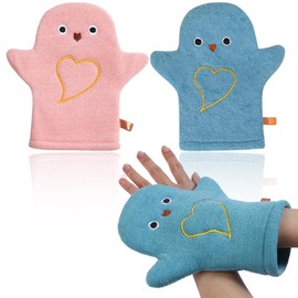 EORPAVU Face Cloths & Wash Mitts Pack of 2 Bath Towel Wash Mitts with Animal Motif, Bath Toy for Bath Fun, Baby Bath Towels, Soft Bath Towels for Babies and Children from 0 Months (Blue/Pink)