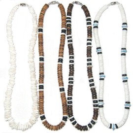 Native Treasure 19" (4 Pack) Mens and Womens Summer Beach Surfer Necklaces From the Philippines, White Ark Shells with Brown and Black Coconut Beads