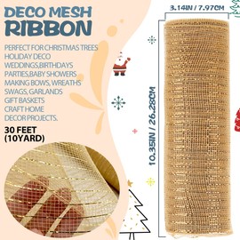 Anivia Deco Mesh Ribbon, 10inch x 30 Feet Each Roll Metallic Foil Mesh Ribbon for Wreaths Swags, Holloween, and Christmas Tree Decoration (Natural)