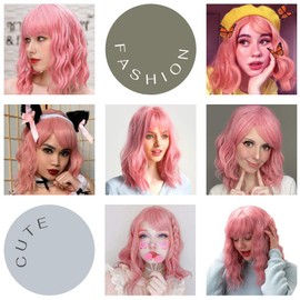 Morvally Short Pink Wavy Bob Wig with Bangs for Women 16 Inches Natural Synthetic Hair Wavy Wigs