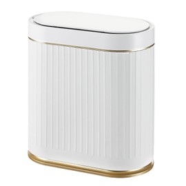 ELPHECO Bathroom Trash Can with Lid 2 Gallon Motion Sensor Garbage Can 7.5 Liter Small Trash can Touchless Bathroom Decor Waterproof Smart Waste Bin with Stripes for Bedroom, Office (White-Golden)