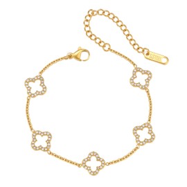 CLAIRETTE Premium PVD Gold-Plated Clover Lucky Bracelet for Women Flower Four Leaf Link Bracelets Trendy Jewelry Gifts for Women (Gold, White)